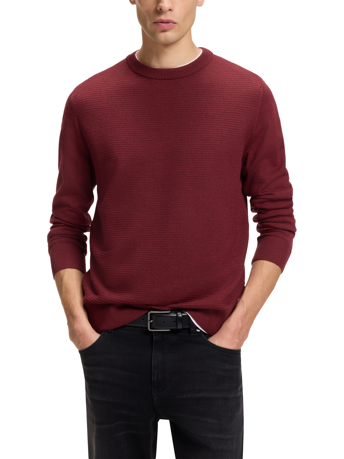 Product image 1 of 5, which shows BOSS Wool Blend Textured Crew Neck Jumper, Dark Red, S