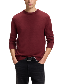 BOSS Wool Blend Textured Crew Neck Jumper, Dark Red