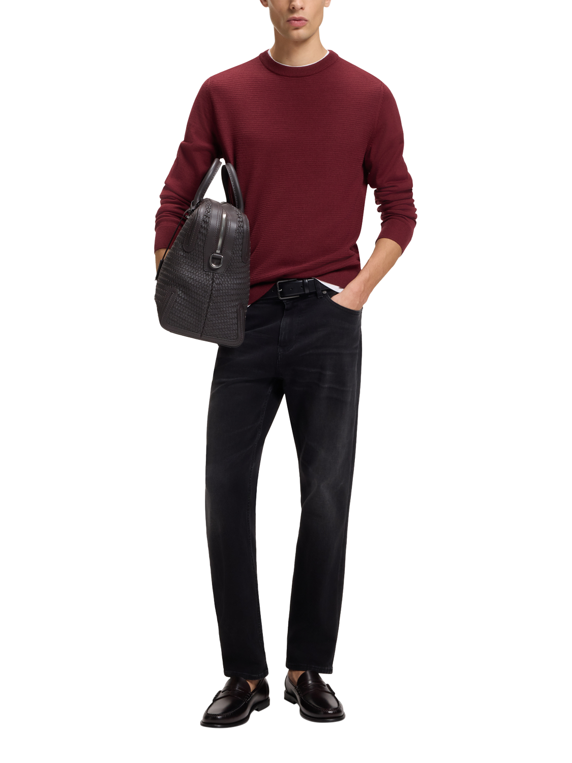 Product image 3 of 5, which shows BOSS Wool Blend Textured Crew Neck Jumper, Dark Red, S