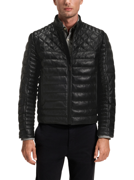 BOSS Padded Leather Jacket, Black, Black