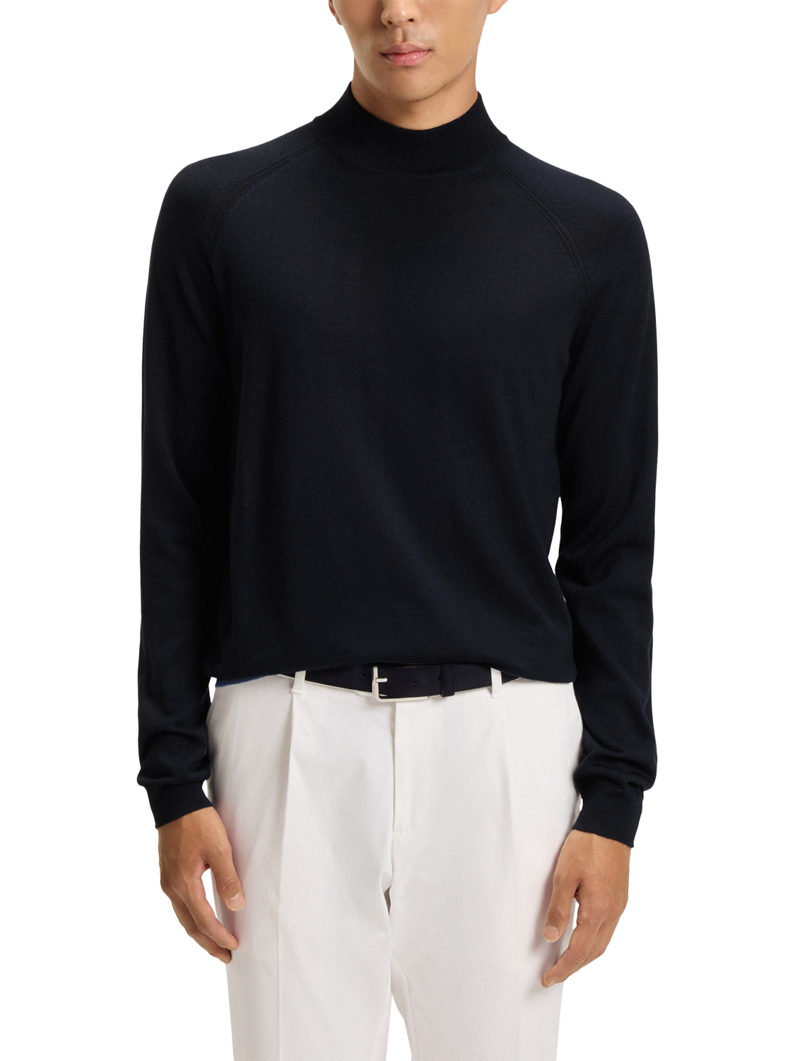 Product image 1 of 5, which shows BOSS High Neck Wool Blend Knit Jumper, Dark Blue, S