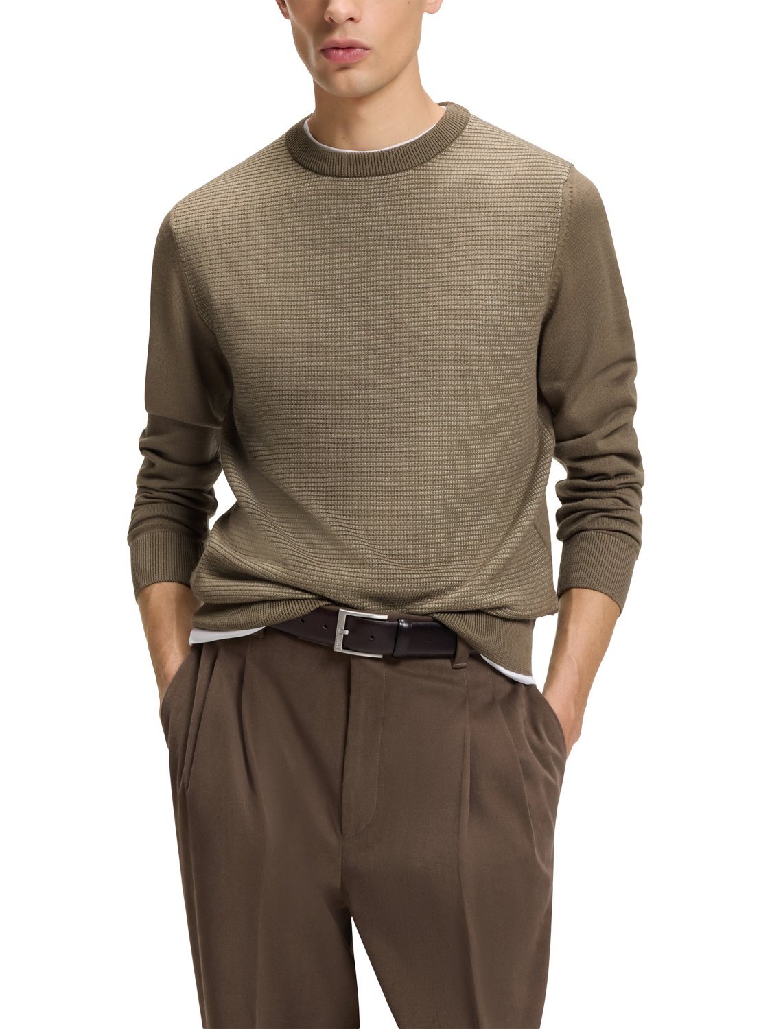 Product image 1 of 4, which shows BOSS Wool Blend Textured Crew Neck Jumper, Open Brown, S
