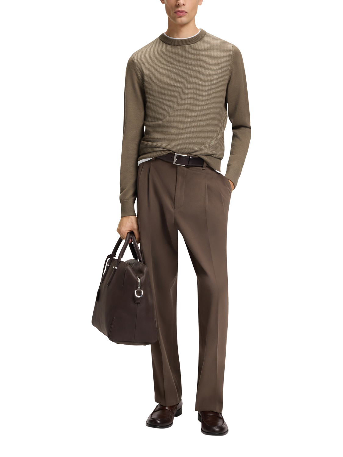 Product image 3 of 4, which shows BOSS Wool Blend Textured Crew Neck Jumper, Open Brown, S