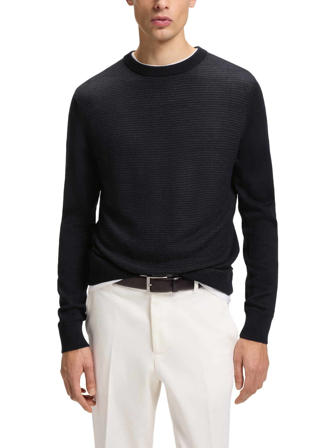 Product image 1 of 5, which shows BOSS Wool Blend Textured Crew Neck Jumper, Dark Blue, XL