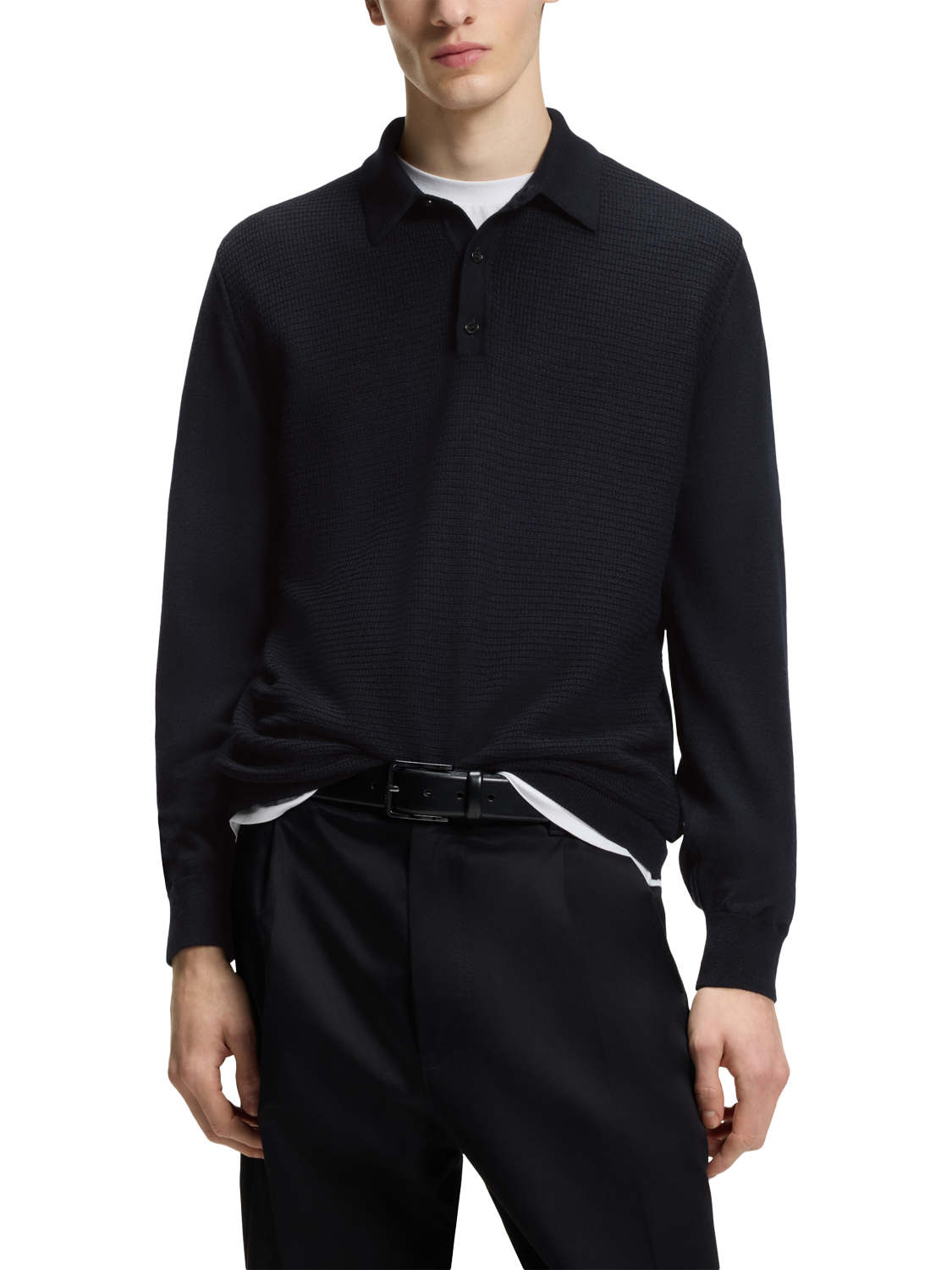 Product image 1 of 1, which shows BOSS Wool Blend Knit Polo Shirt, Dark Blue, M