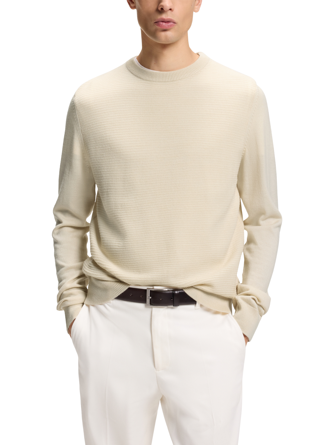 Product image 1 of 5, which shows BOSS Wool Blend Textured Crew Neck Jumper, Open White, M