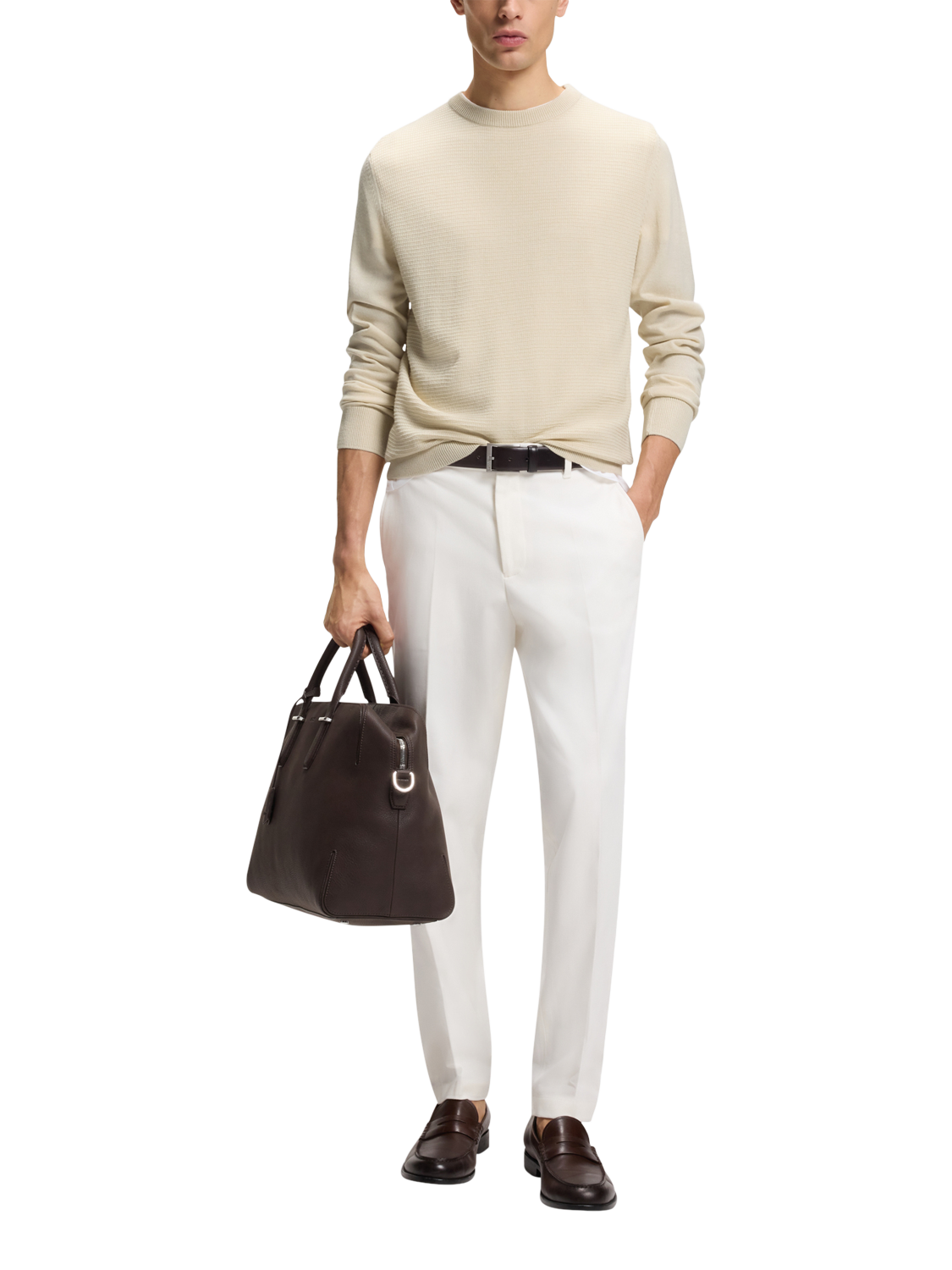 Product image 3 of 5, which shows BOSS Wool Blend Textured Crew Neck Jumper, Open White, M