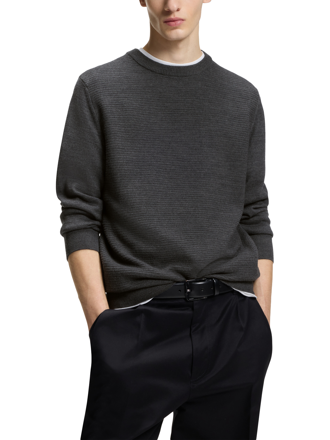 Product image 1 of 6, which shows BOSS Wool Blend Textured Crew Neck Jumper, Medium Grey, L