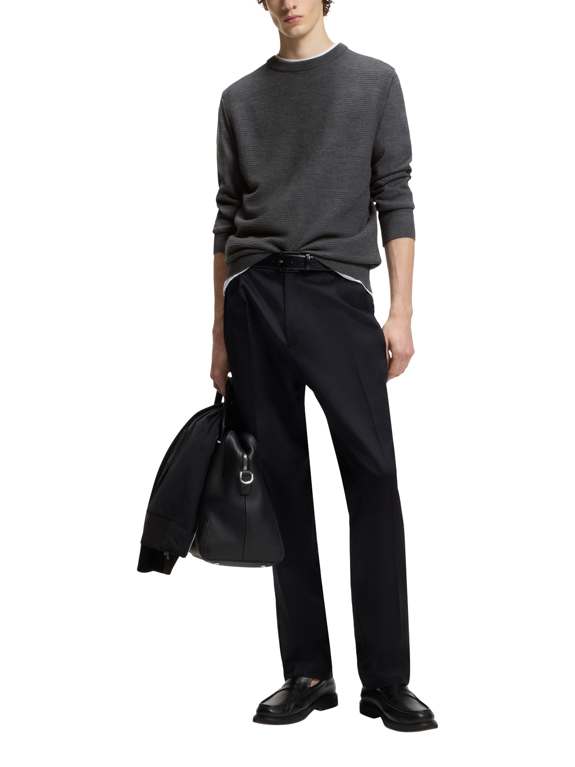 Product image 3 of 6, which shows BOSS Wool Blend Textured Crew Neck Jumper, Medium Grey, L