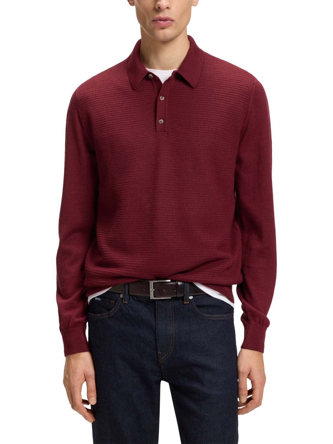 Product image 1 of 1, which shows BOSS Wool Blend Knit Polo Shirt, Dark Red, S