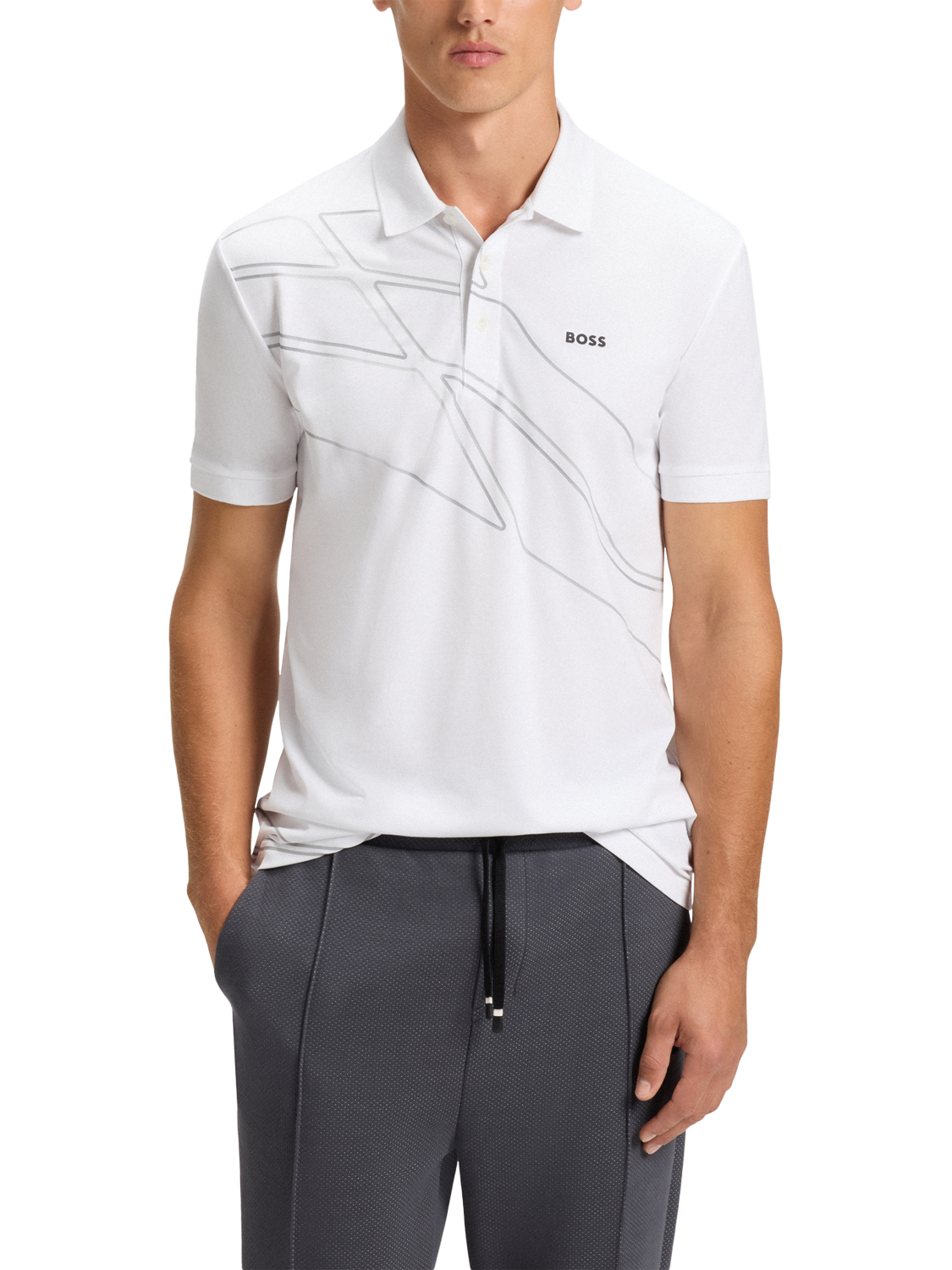 HUGO BOSS BOSS Geometric Print Cotton Blend Polo Shirt, White