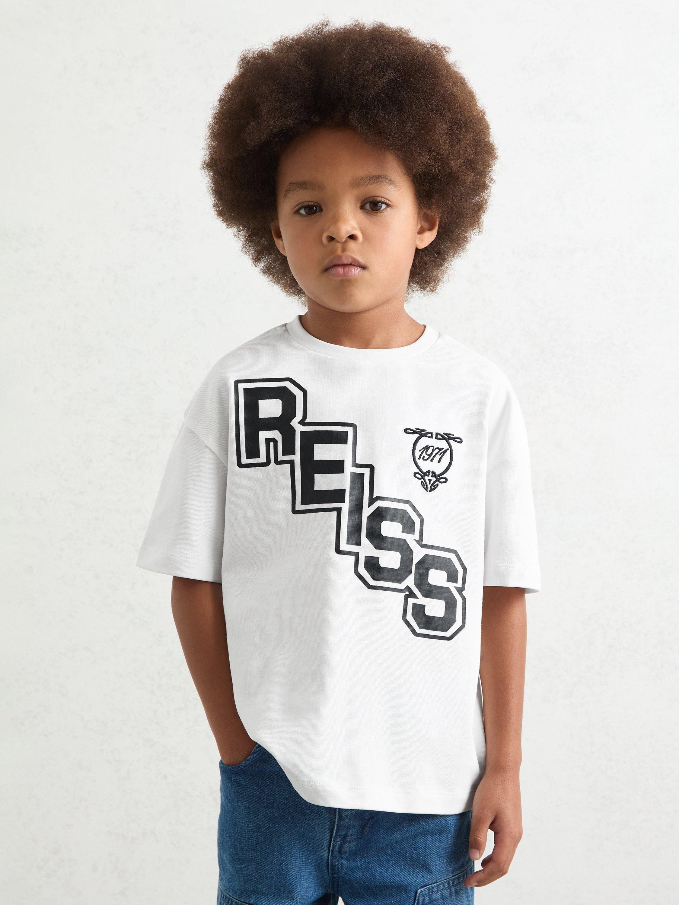 Product image 3 of 4, which shows Reiss Kids' Glen T-Shirt, White/Navy, 3-4 years