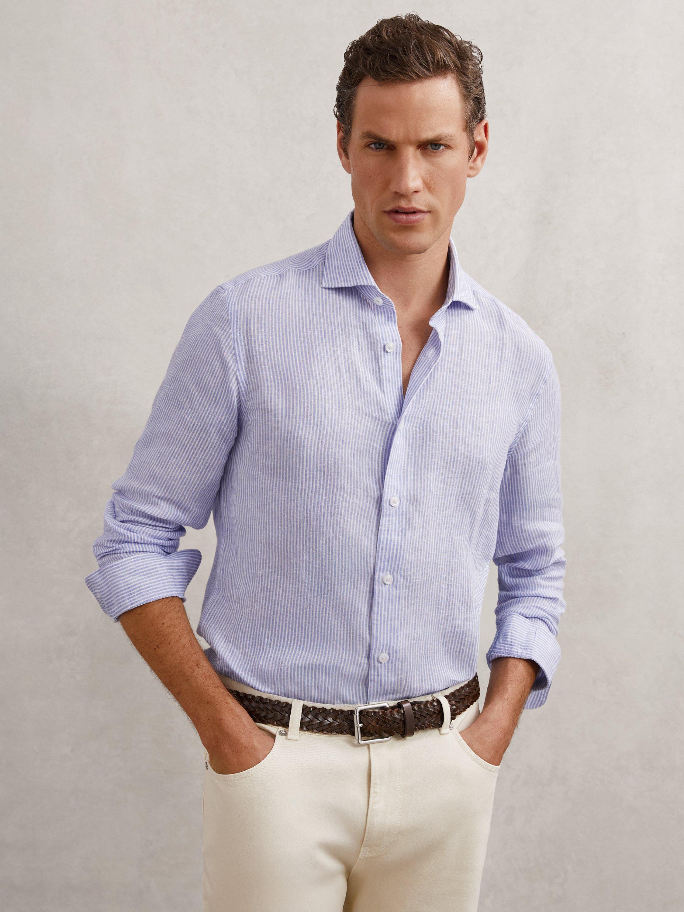 Reiss Ruban Stripe Linen Shirt, Blue/White