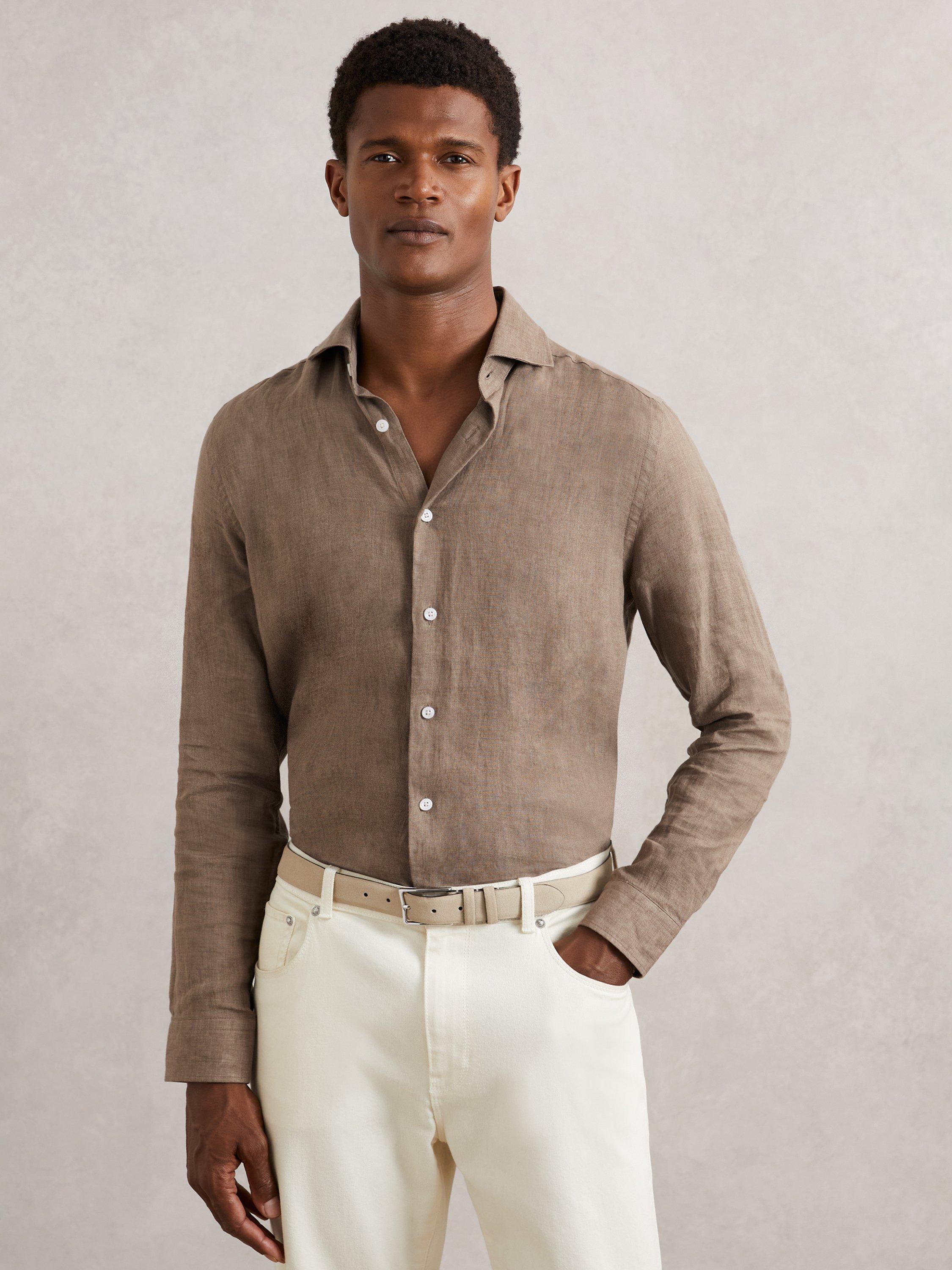 Product image 1 of 5, which shows Reiss Ruban Linen Button-Through Shirt, Light Taupe Brown, XS
