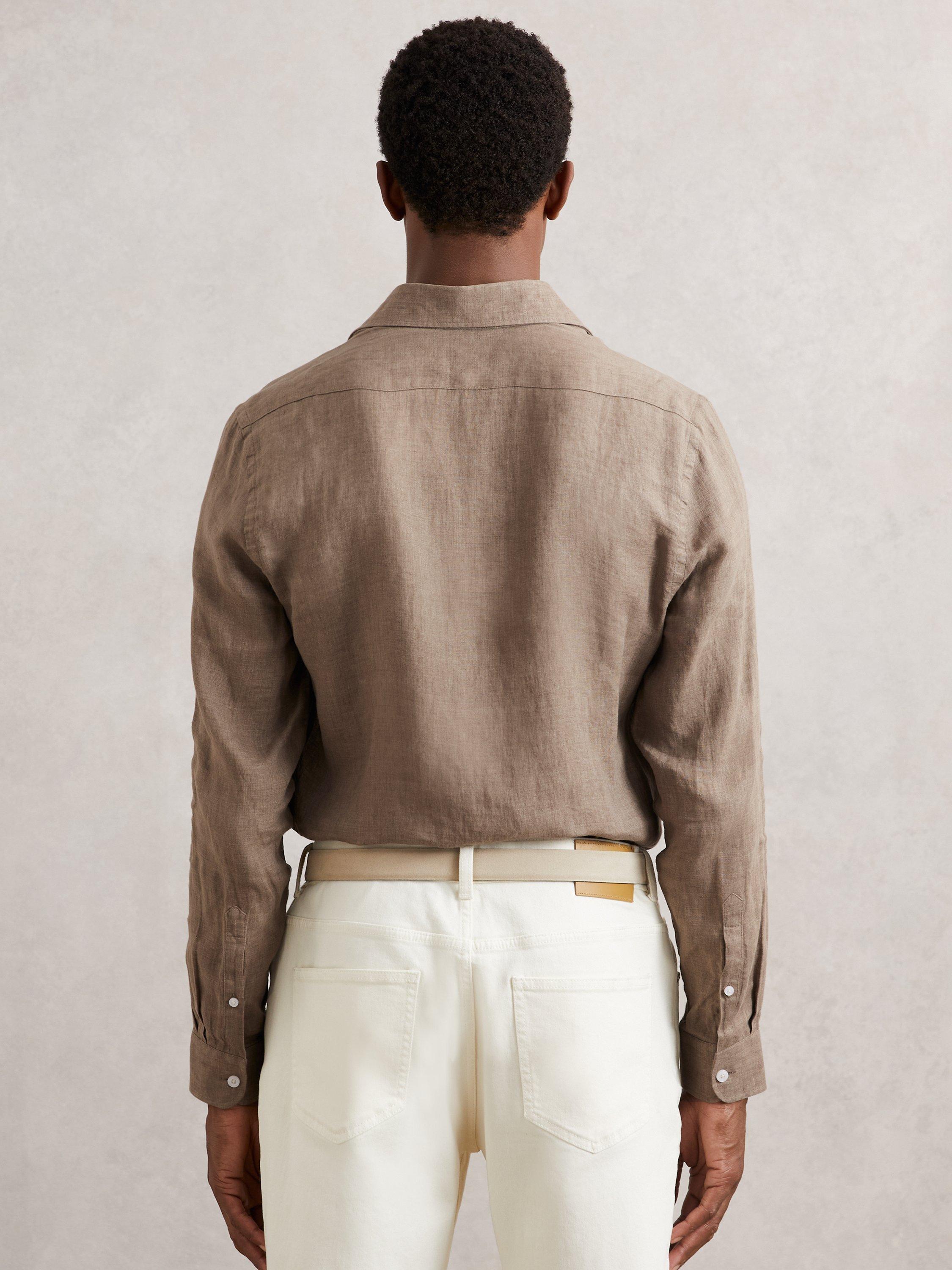 Product image 2 of 5, which shows Reiss Ruban Linen Button-Through Shirt, Light Taupe Brown, XS