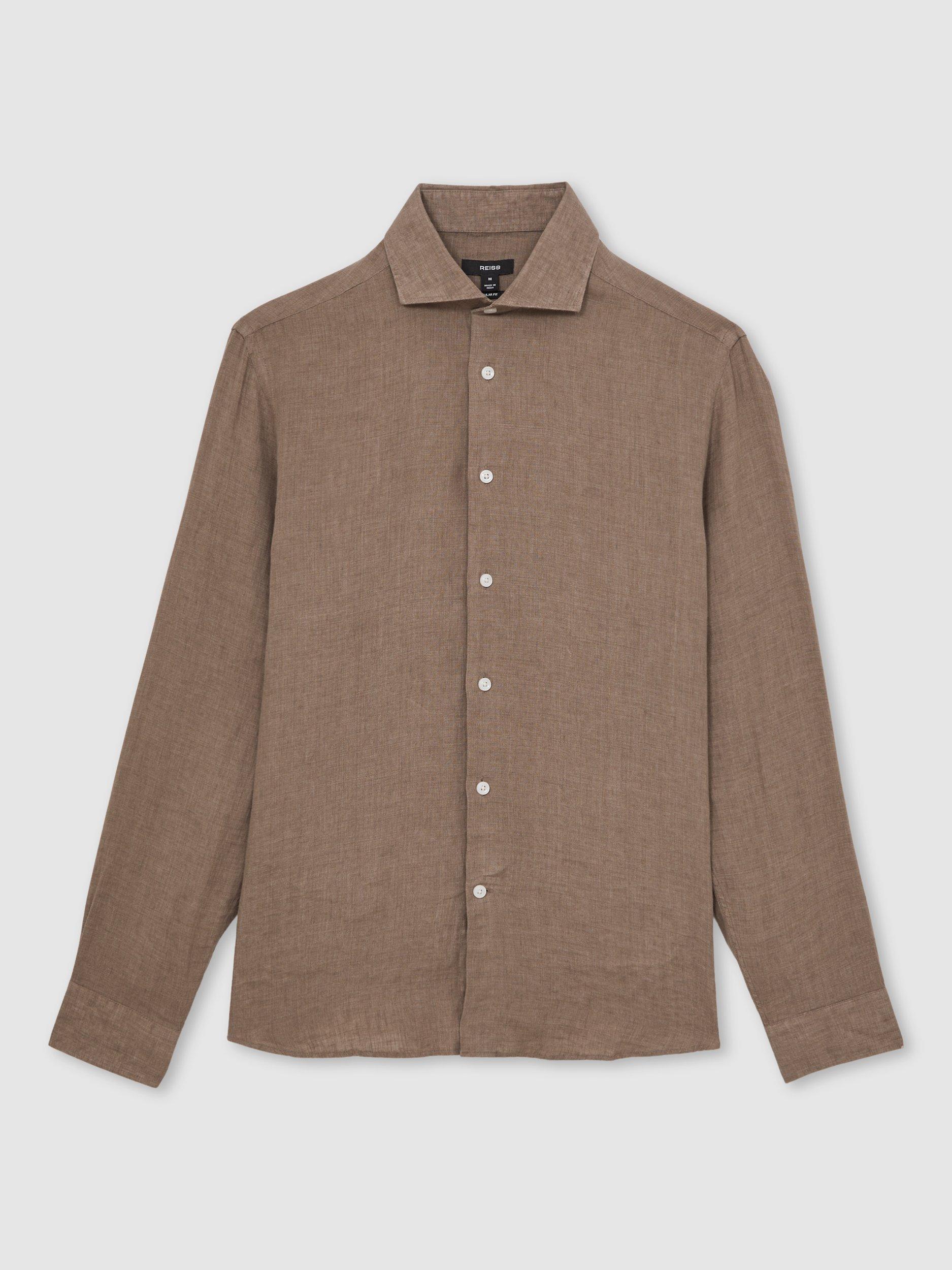 Product image 3 of 5, which shows Reiss Ruban Linen Button-Through Shirt, Light Taupe Brown, XS
