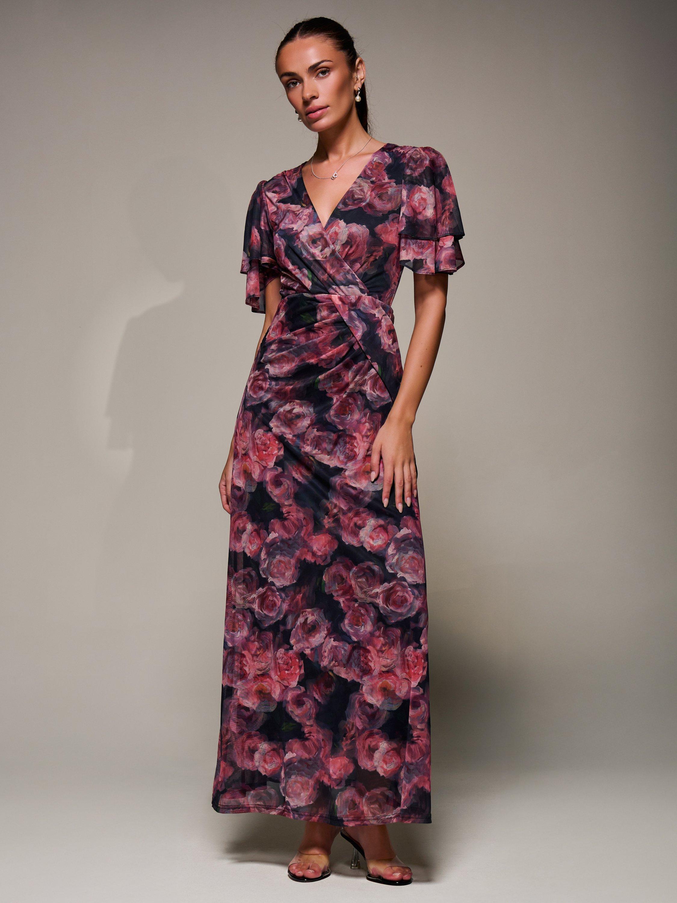 Jolie Moi Draped Angel Sleeve Maxi Dress, Pink/Multi