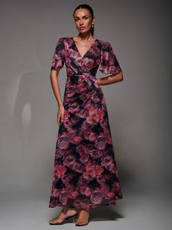 Jolie Moi Draped Angel Sleeve Maxi Dress, Pink/Multi, Pink/Multi