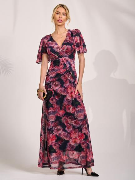 Jolie Moi Draped Angel Sleeve Maxi Dress, Pink/Multi, Pink/Multi