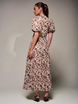 Jolie Moi Puffy Sleeve Printed Mesh Maxi Dress, Brown - view 2, Brown