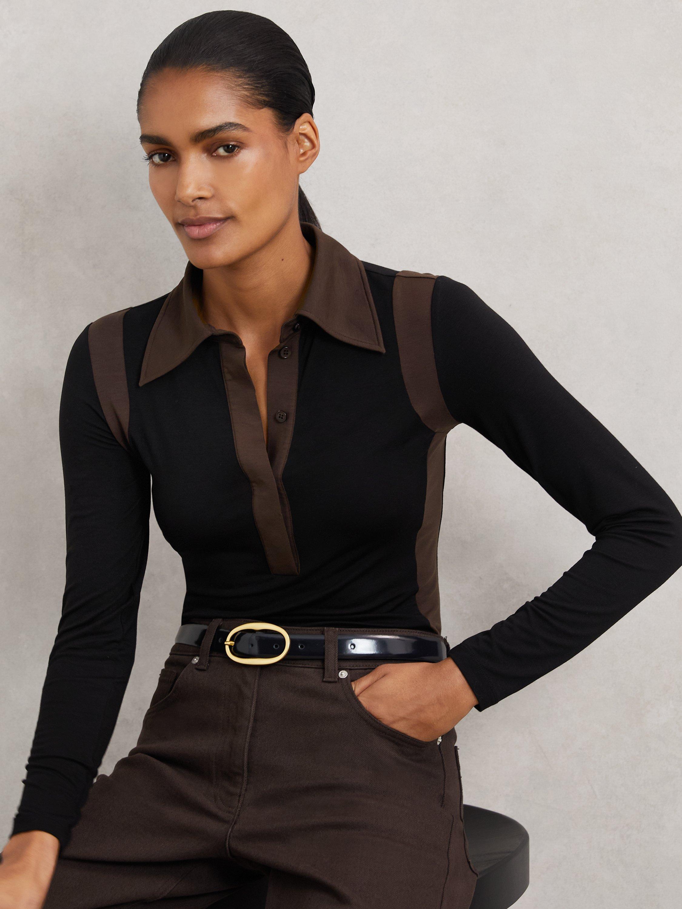 Product image 1 of 5, which shows Reiss Denise Colour Block Lyocell Collared Shirt , Black/Chocolate Brown, XS
