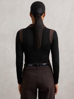 Reiss Denise Colour Block Lyocell Collared Shirt - view 2, Black/Chocolate Brown