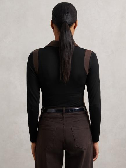 Reiss Denise Colour Block Lyocell Collared Shirt - view 2, Black/Chocolate Brown