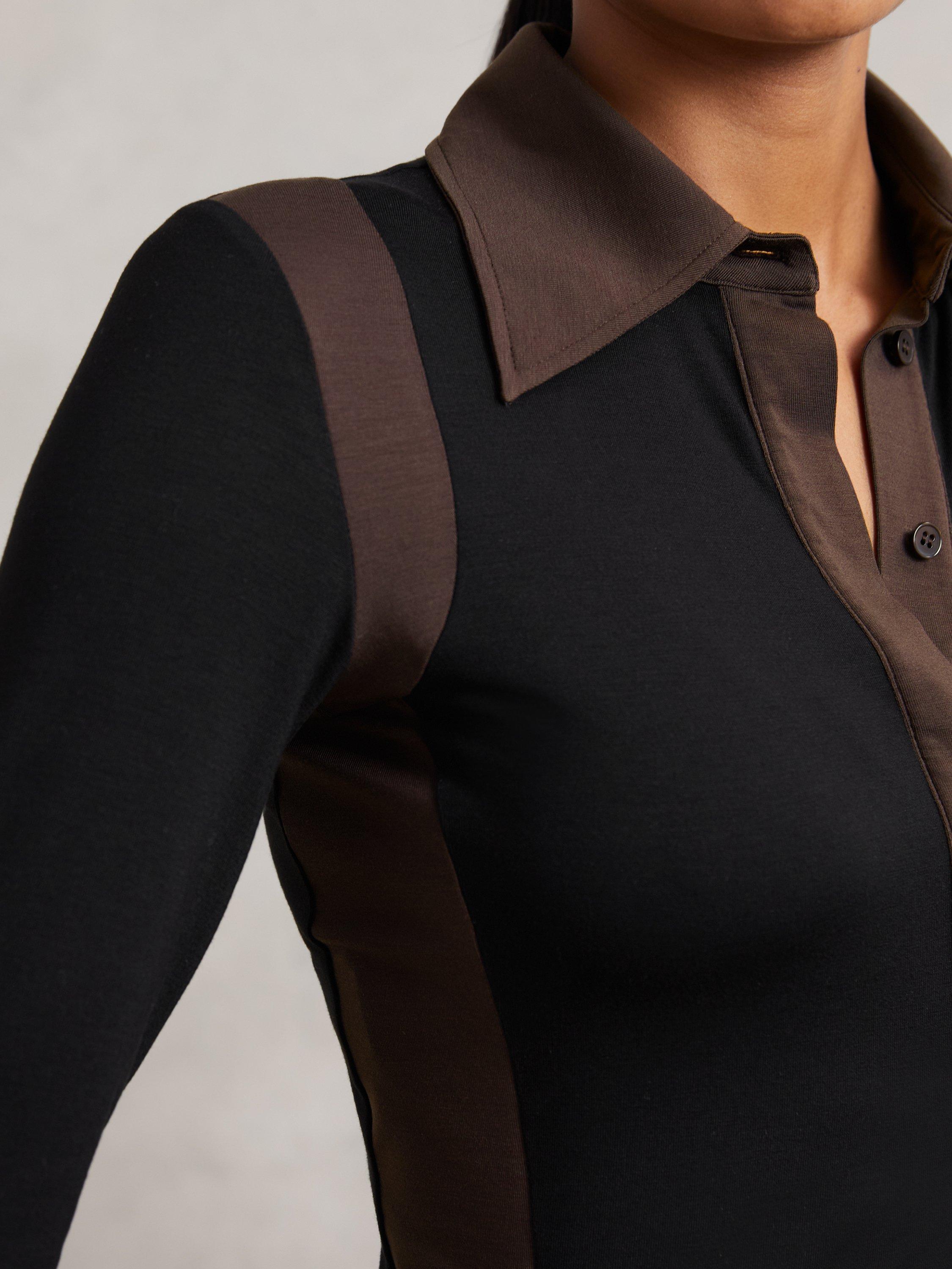 Product image 4 of 5, which shows Reiss Denise Colour Block Lyocell Collared Shirt , Black/Chocolate Brown, XS