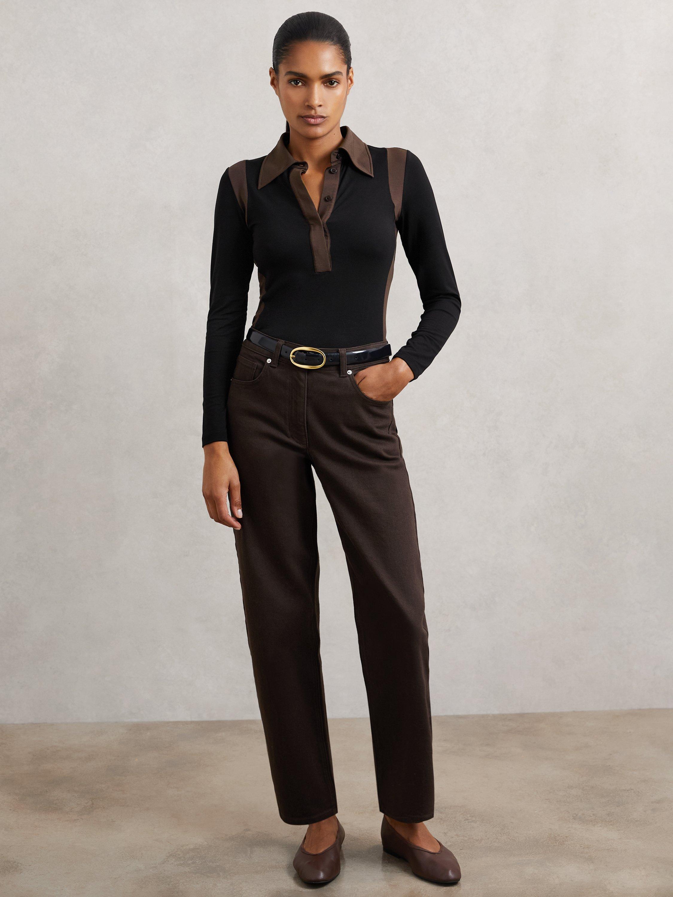 Product image 5 of 5, which shows Reiss Denise Colour Block Lyocell Collared Shirt , Black/Chocolate Brown, XS