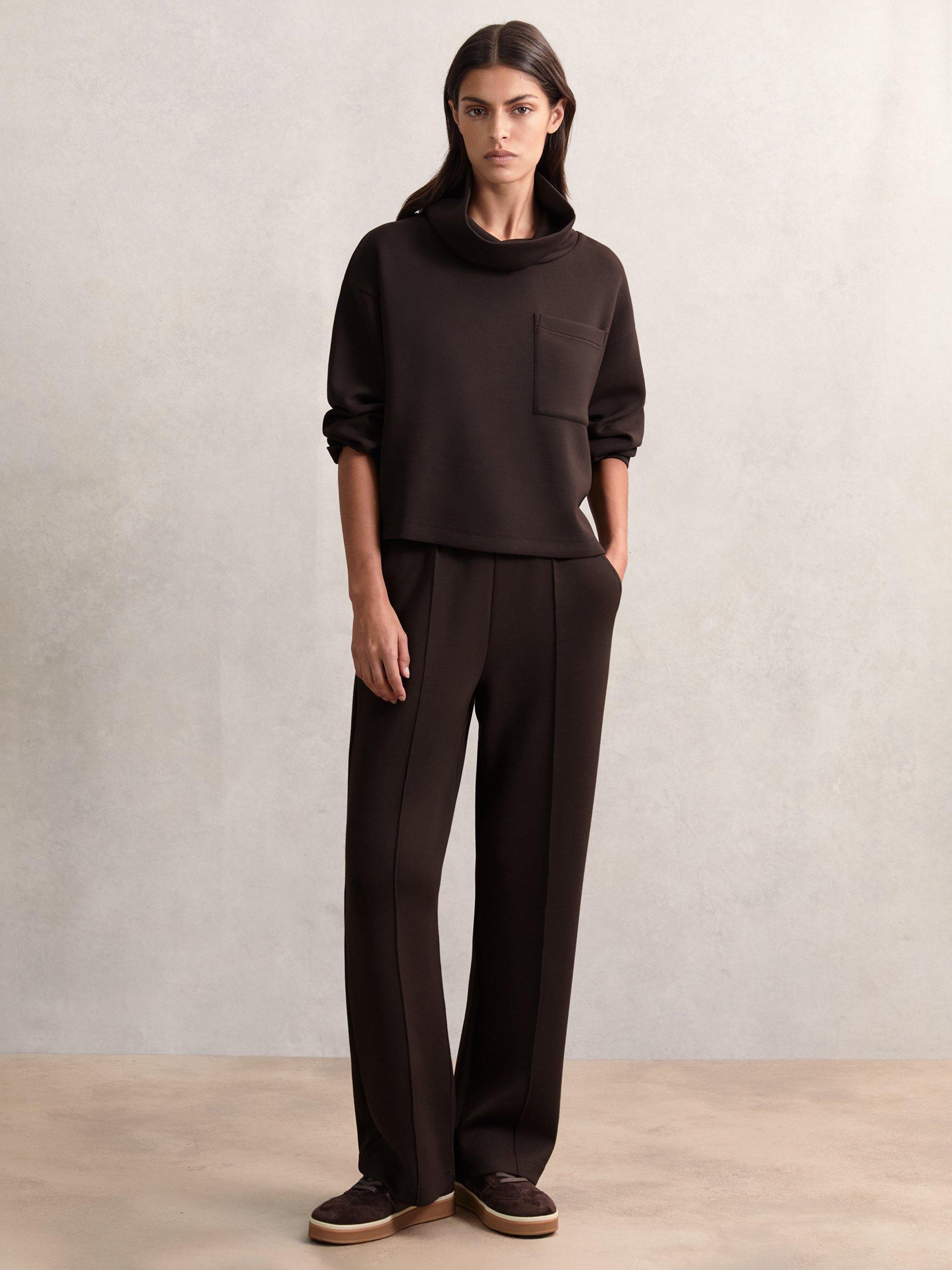 Product image 4 of 5, which shows Reiss Petite Mid Rise Wide Leg Joggers, Dark Chocolate Brown, XS