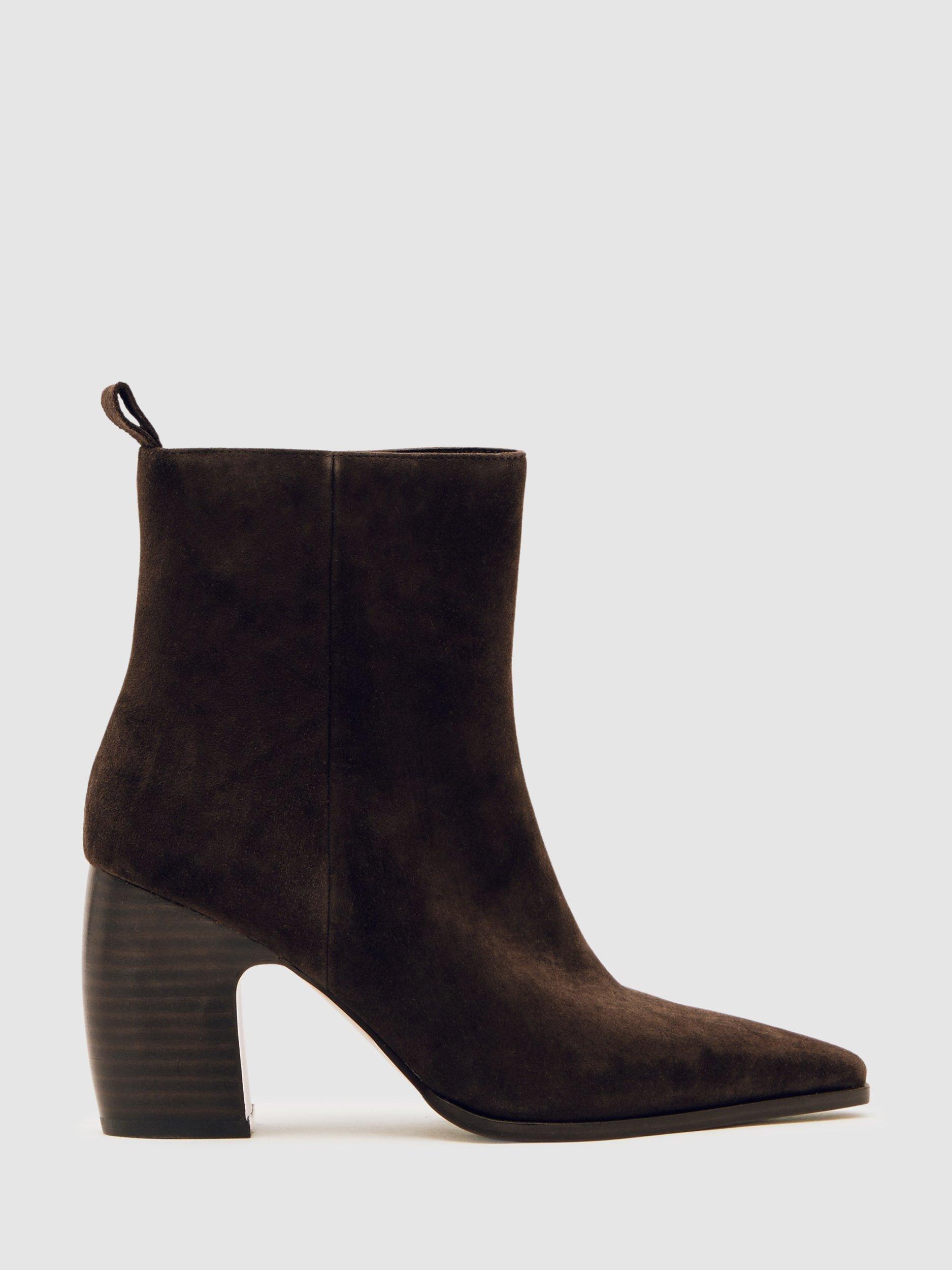 Product image 1 of 5, which shows Reiss Amy Suede Pointed Ankle Boots, Chocolate, 3