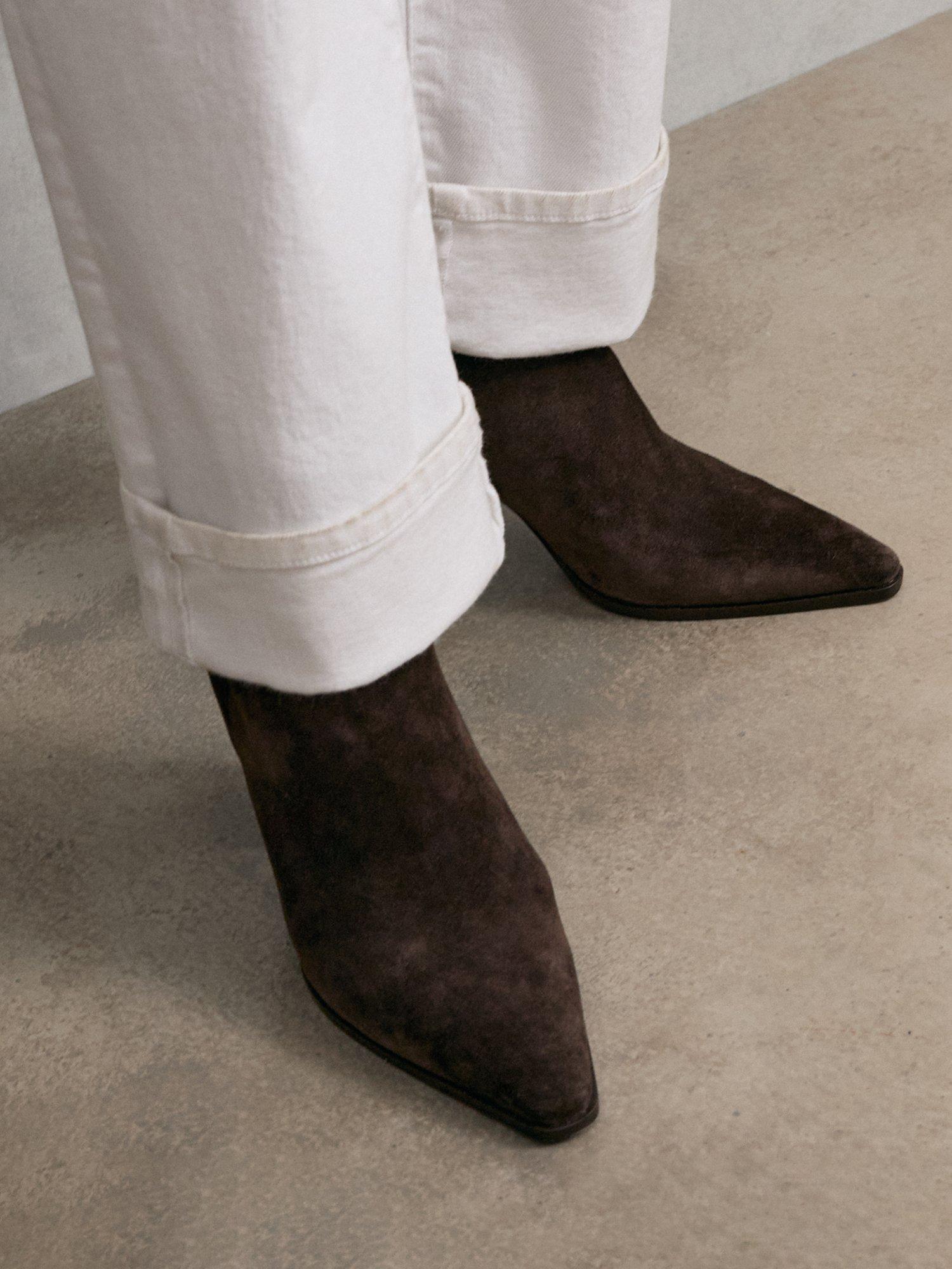 Product image 4 of 5, which shows Reiss Amy Suede Pointed Ankle Boots, Chocolate, 3