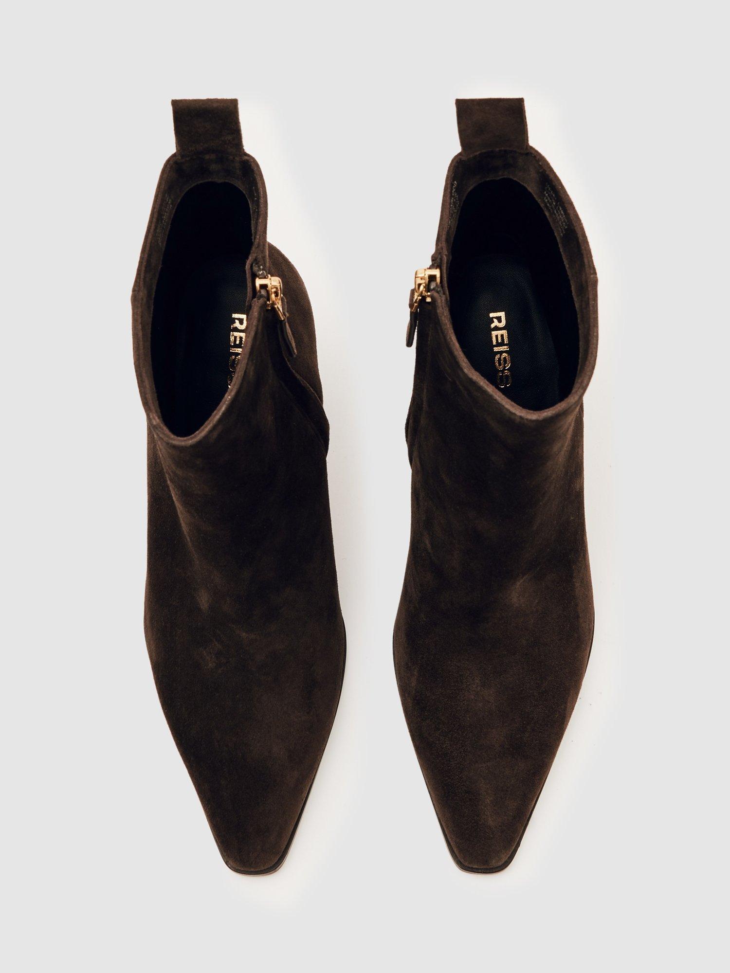Product image 5 of 5, which shows Reiss Amy Suede Pointed Ankle Boots, Chocolate, 3