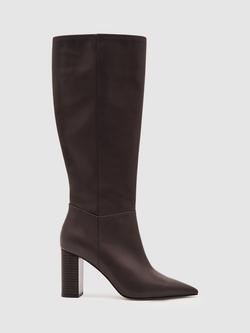 Reiss Bianca Leather Knee High Boots, Burgundy, Burgundy