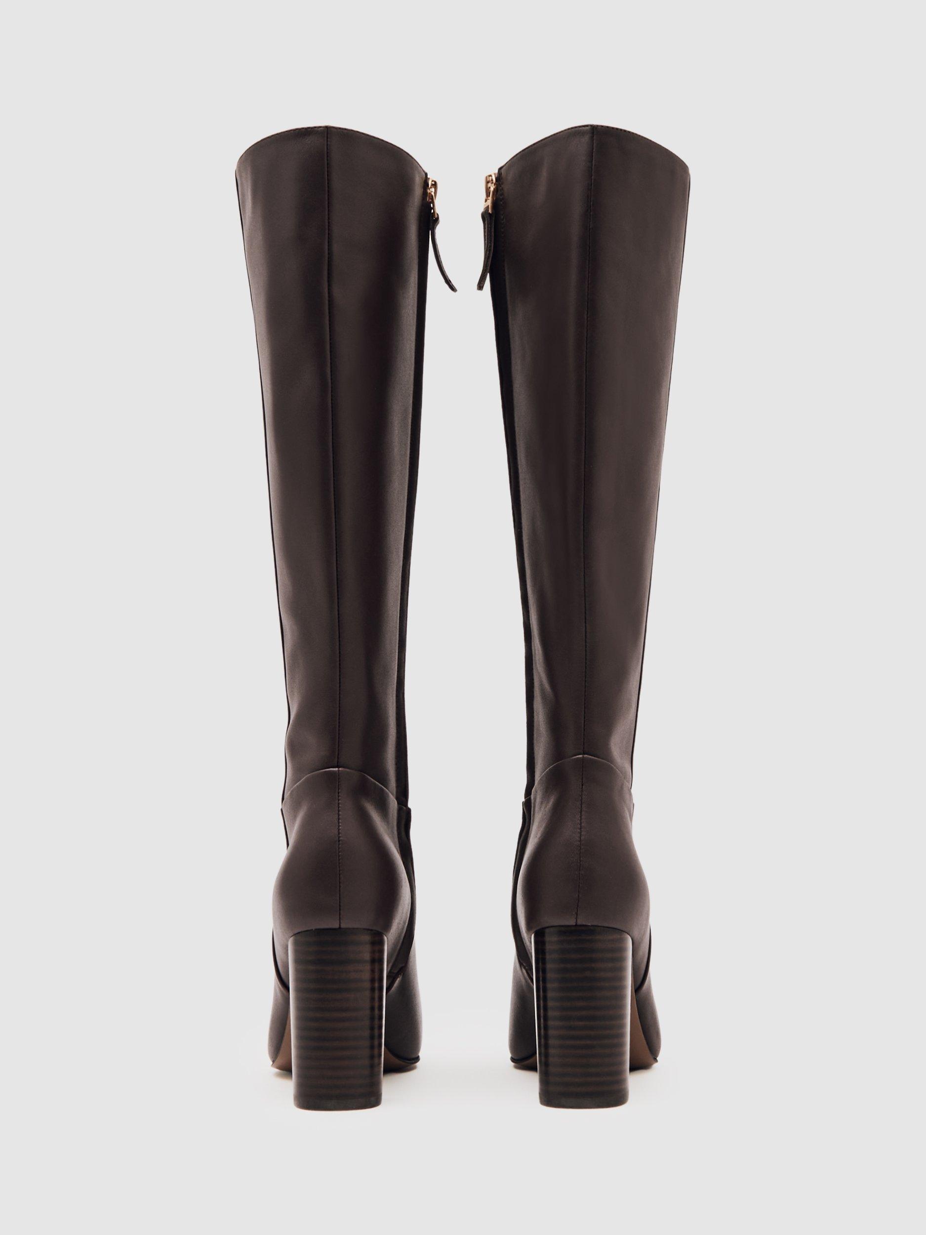 Product image 2 of 5, which shows Reiss Bianca Leather Knee High Boots, Burgundy, 3