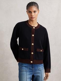 Reiss Olive Colour Block Wool Rich Cardigan, Burgundy/Black, Burgundy/Black