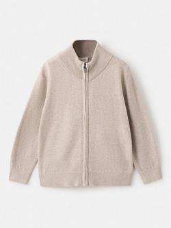 Mango Kids' Luke Cotton High Neck Zipped Cardigan, Light Beige, Light Beige