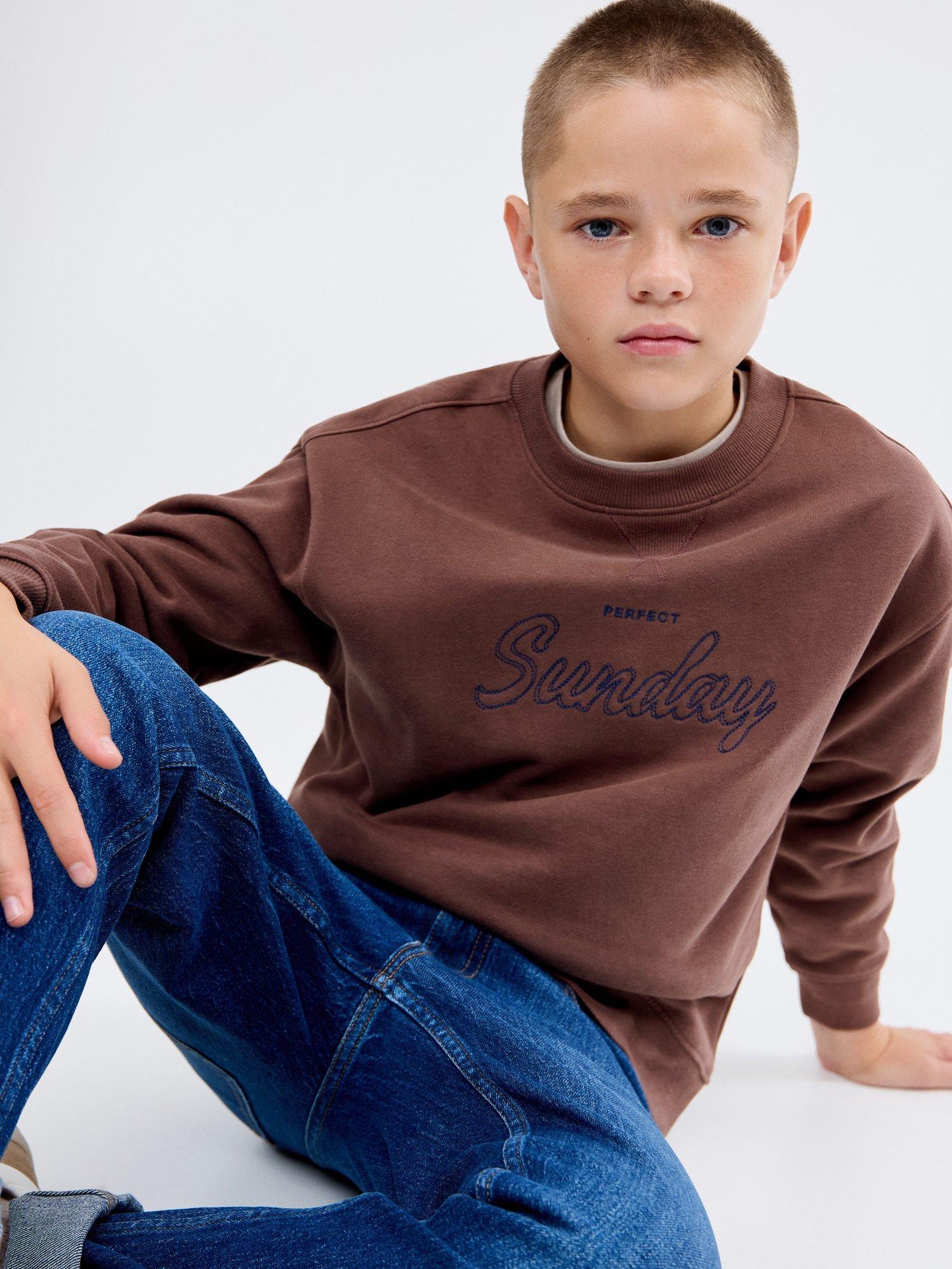 Product image 1 of 7, which shows Mango Kids' Sunday Cotton Crew Neck Sweatshirt, Brown, 11-12 years