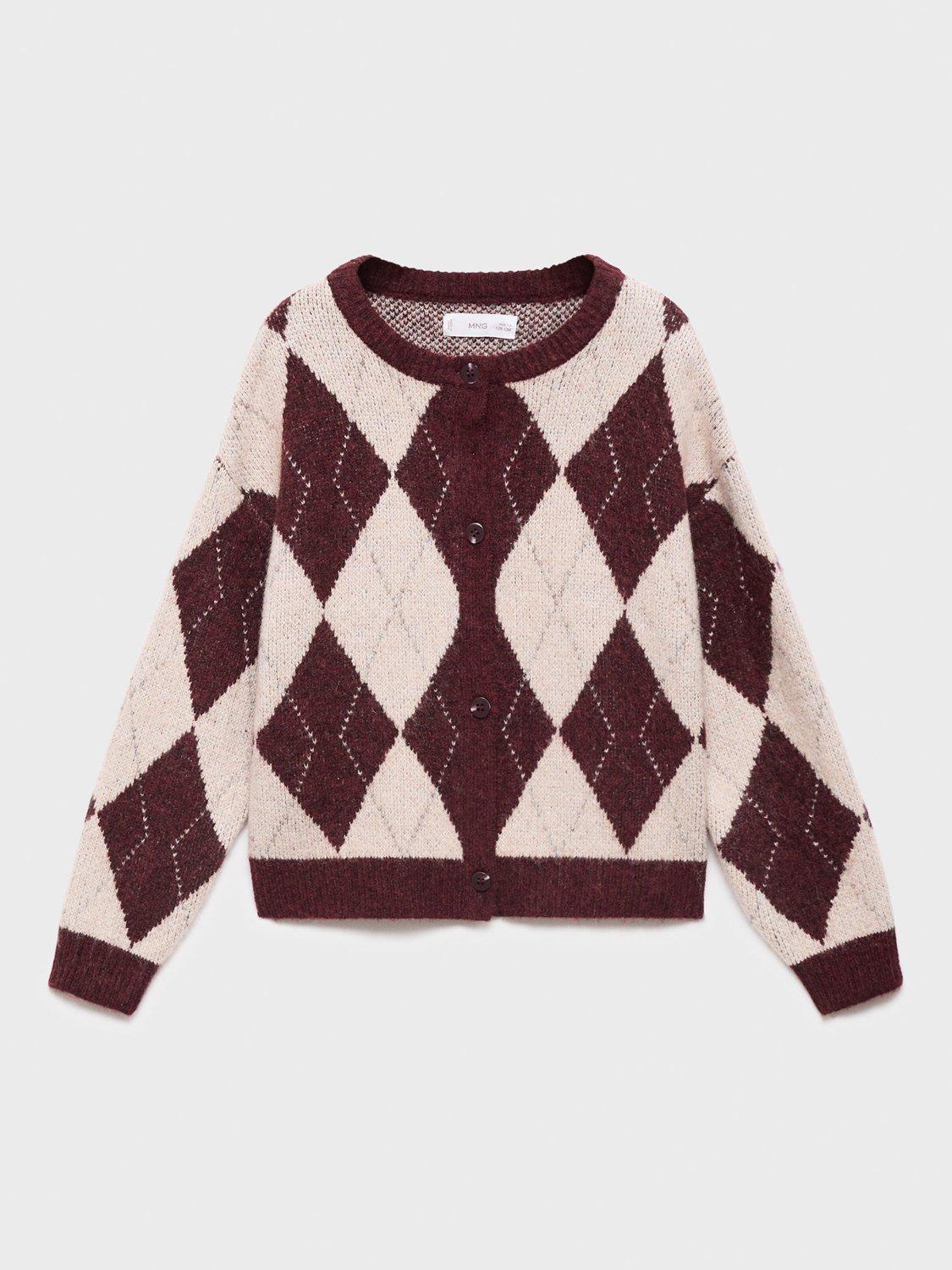 Product image 1 of 4, which shows Mango Kids' Rombo Geometric Cardigan, Dark Red/Cream, 11-12 years