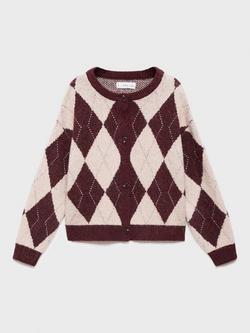 Mango Kids' Rombo Geometric Cardigan, Dark Red/Cream