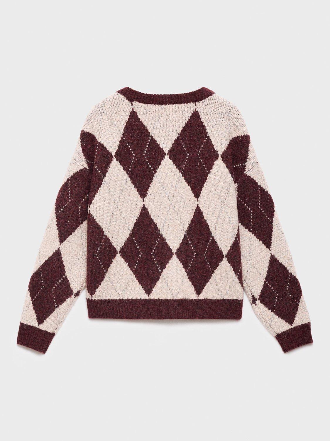 Product image 2 of 4, which shows Mango Kids' Rombo Geometric Cardigan, Dark Red/Cream, 11-12 years