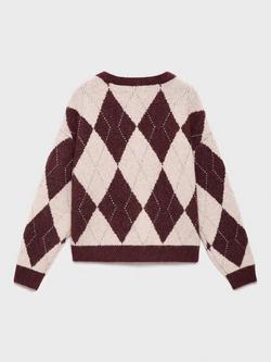 Mango Kids' Rombo Geometric Cardigan - view 2, Dark Red/Cream
