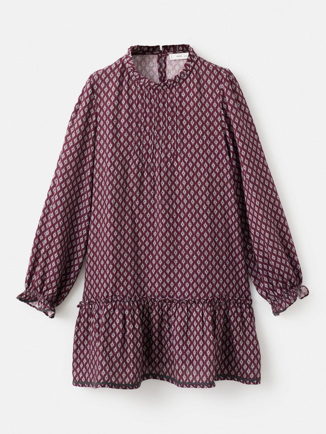 Mango Kids' Carmela Cotton Long Sleeved Printed Dress, Dark Red