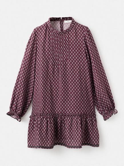 Mango Kids' Carmela Cotton Long Sleeved Printed Dress, Dark Red, Dark Red