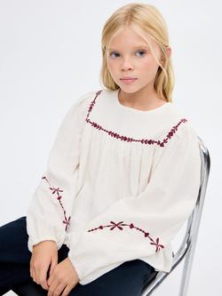 Mango Kids' Ali Cotton Puff Sleeve Embroidered Blouse, White, White