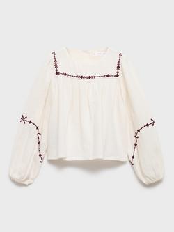 Mango Kids' Ali Cotton Puff Sleeve Embroidered Blouse, White - view 2, White