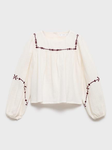 Mango Kids' Ali Cotton Puff Sleeve Embroidered Blouse, White - view 2, White