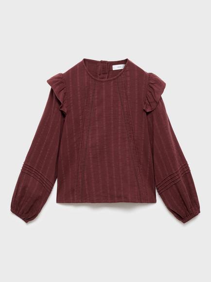 Mango Kids' Gab Pure Cotton Ruffle Sleeve Blouse, Dark Red, Dark Red