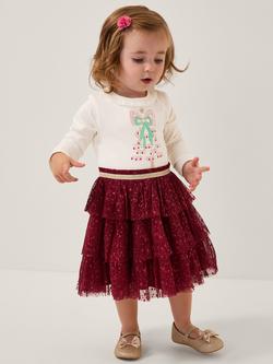 Monsoon Baby Long Sleeved Christmas Tree Dress, Red, Red
