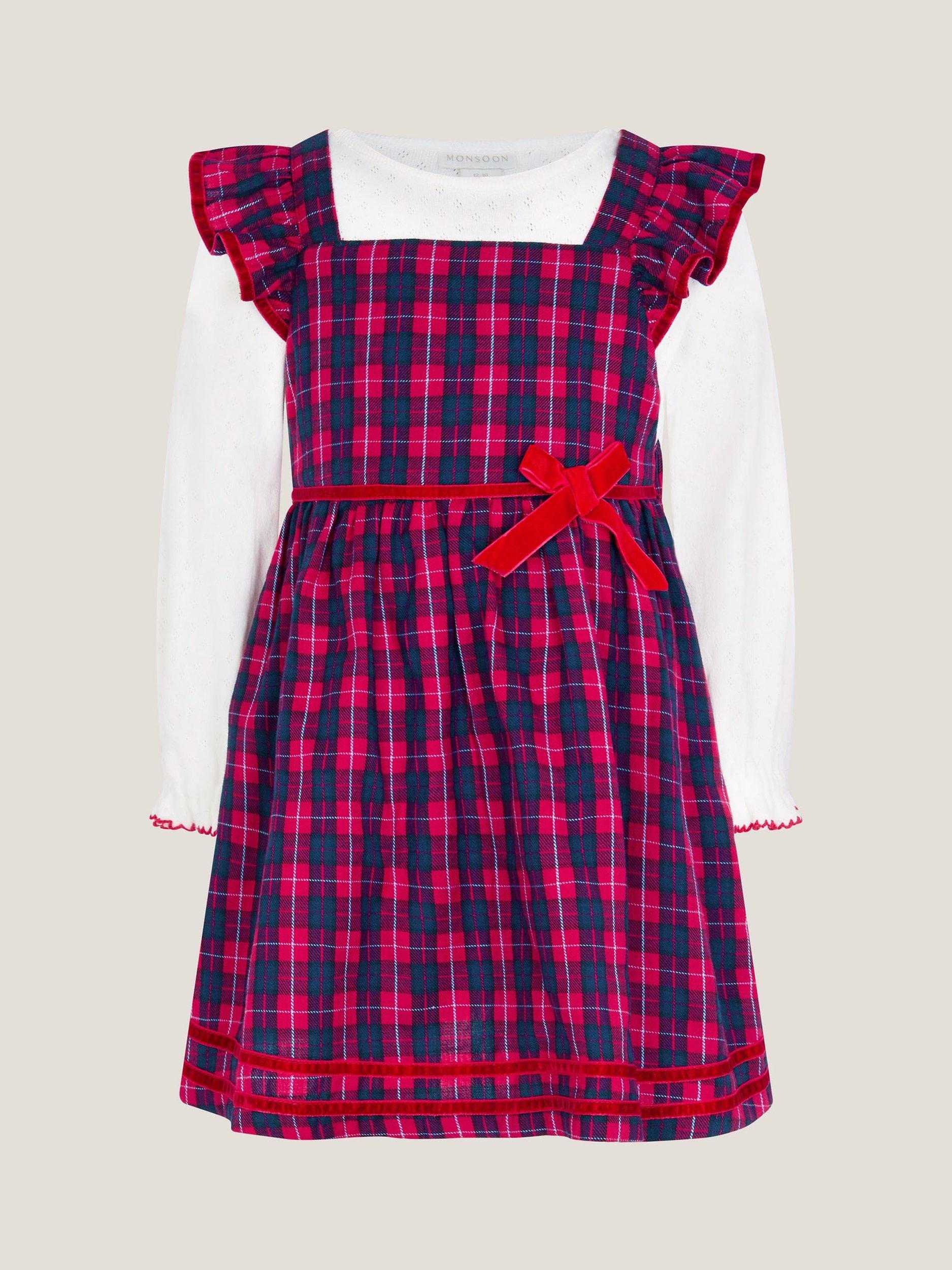 Monsoon Baby Tartan Pinafore Dress & Top Set, Red